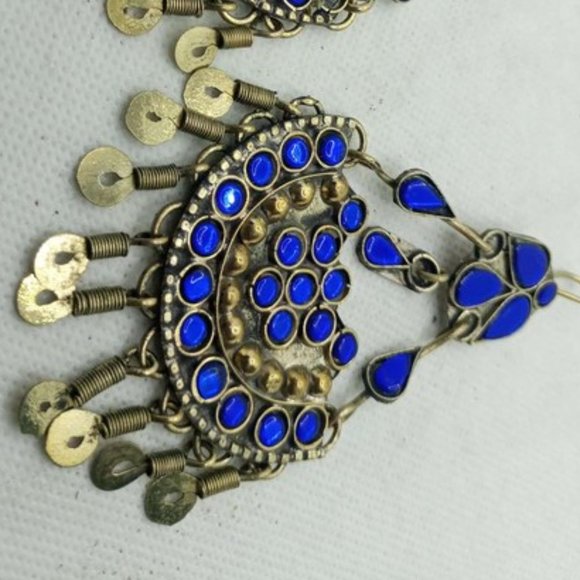 Glass Stones Kuchi Earrings With Dangling Tassels, Tribal Dangle Earrings - Picture 3 of 7